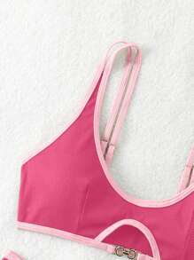 SHEIN Swim 女性夏季海灘比基尼套裝，帶有搶眼的邊緣切割細節，性感兩件式泳裝 - 粉色 - 查看 3