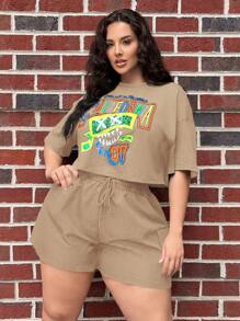 SHEIN SXY Pantalones cortos con cintura con cordón y bolsillos con solapa para tallas grandes