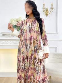 Al Najma Robe d'été élégante pour femme à manches longues imprimé tie-dye arabe - Multicolore - Voir 4