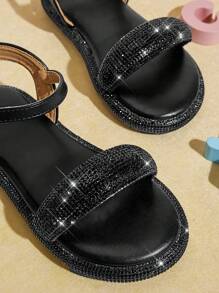 Mini mi Sandalias planas de verano para niños con diseño de pedrería en unicolor de moda - Negro - Ver 4