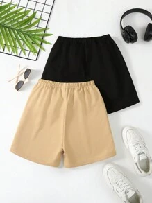 SHEIN 2入組女童彈性腰間蜘蛛網心形圖案短褲，休閒運動短褲套裝，適用於春夏季 - 卡其色 - 查看 2