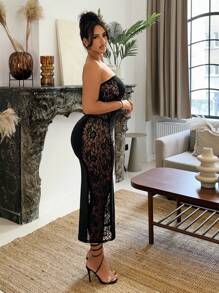 SHEIN SXY Summer Strapless Lace Patchwork Hollow Out Midi Bodycon Dress - Black - View 3