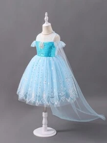 SHEIN Glamorique Kids 年轻女孩优雅生日派对闪亮曳地薄纱无袖蓬蓬裙舞会礼服 - 藍色 - 查看 1