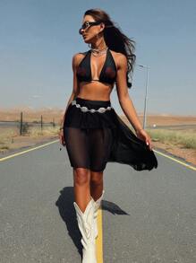 Swim EVENT Women's Solid Color Ruffle Trim Lock Edge Summer Holiday Cover-Up Skirt - Black - View 4