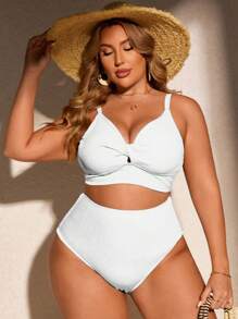 SHEIN Swim Curve Plus Size Solid Color Simple Bikini Set And Bikini Set Summer Beach - White - View 3