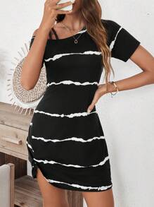SHEIN LUNE Women's Summer Casual Asymmetric Collar Striped Colorblock Pleated Dress Summer Outfits For Women
