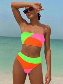 Conjunto de bikini sexy de traje de baño de bandeau a color bloque neón para mujer de verano