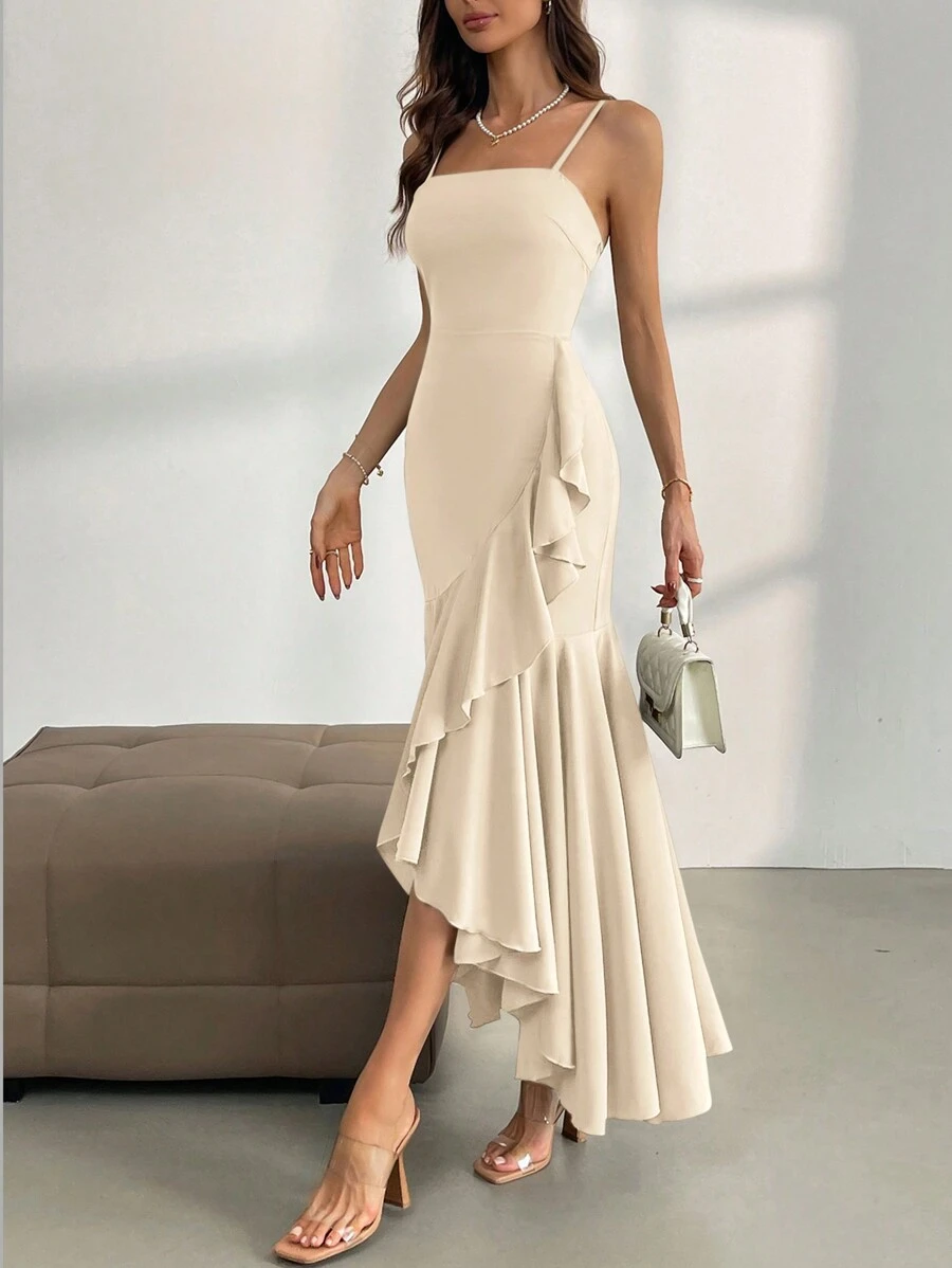 Firerie Women's Asymmetrical Hemline Spaghetti Strap Dress With Ruffle Trim - Apricot - View 1
