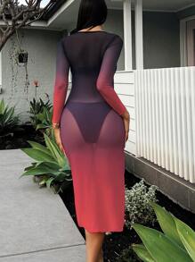 Swim SXY Women's Solid Color Bandeau Bikini Set With Circular Rings, Matching Ombre Mesh Cover-Up Dress, Perfect For Vacation Summer - Black - View 2