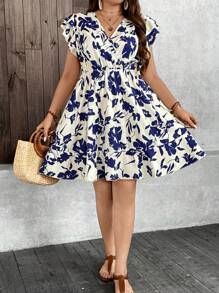 Breezaya Vestido diario simple de talla grande para mujer con impresión aleatoria - Azul y blanco - Ver 1