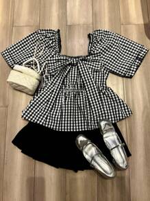 FRIFUL SHEIN X AYA NAKAMACHI Ladies' Plaid Printed Short Sleeve Shirt With Bow Decoration, Summer - Black and White - View 10