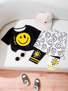 Fashionable Streetwear Girls' Outfit With Smiling Faces Print, Cool 2 In 1 Bottoms Set, High Rate Casual Summer Streetwear - Multicolor - View 1