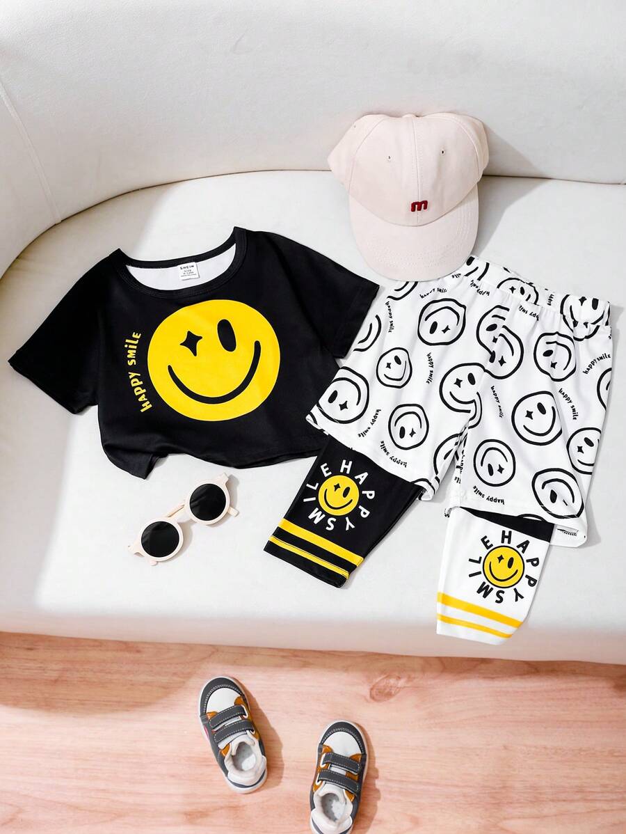 Fashionable Streetwear Girls' Outfit With Smiling Faces Print, Cool 2 In 1 Bottoms Set, High Rate Casual Summer Streetwear - Multicolor - View 1