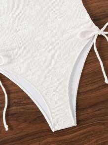 Swim Mod Summer Beach Solid Color White One-Piece Swimsuit With Drawstring Sides And Open Back Design