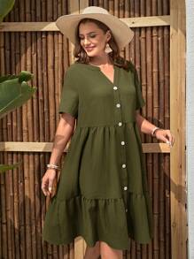 EMERY ROSE Plus Size Solid Color V-Neck Notch Ruffled Hemline Short Sleeve Summer Dress - Army Green - View 6