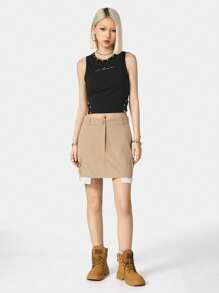 SHEIN EZwear 女性夏季街頭風工作裙，配有大口袋 - 卡其色 - 查看 7