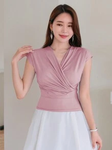 DAZY Camiseta de verano para mujer de unicolor con cuello en V cruzado y pliegues ajustados - Rosa - Ver 4