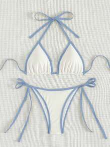Swim Mod Conjunto de bikini sexy de verano para playa para mujer con bloque de color y cuello halter ajustable - Blanco - Ver 7