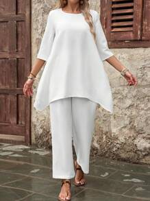 EMERY ROSE Women's Summer 3/4 Sleeve Shirt And Long Pants Set - White - View 5