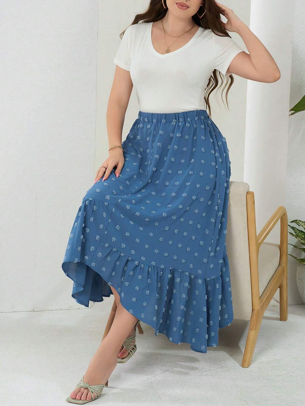 Plus Size Elegant Swiss Dot Asymmetrical Skirt With Ruffle Hem, Spring/Summer