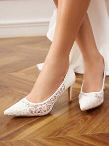 CUCCOO HITCHD Pointy-Toe Stiletto Mesh White Wedding Shoe, Elegant Style Women's High Heel Pump Spring Shoes Spring Break Easter Prom Heels For Christmas - White - View 9