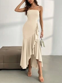 Firerie Women's Asymmetrical Hemline Spaghetti Strap Dress With Ruffle Trim - Apricot - View 6