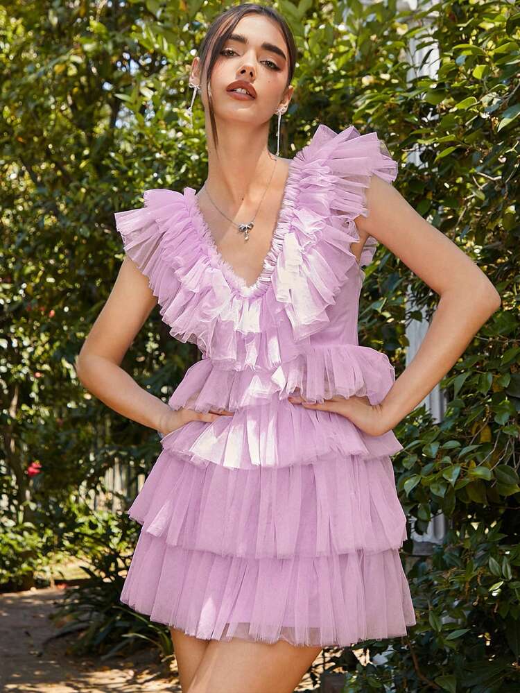 Women Summer Spring Sweet Solid Color Multi-Layer Mesh Splice Cross Strap Backless Princess Purple Dress,For Graduation Party,Cocktail And Prom ,Cute And Romantic