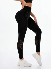 具有織帶和空心設計的高腰無縫修身運動緊身褲 - 黑色 - 查看 5