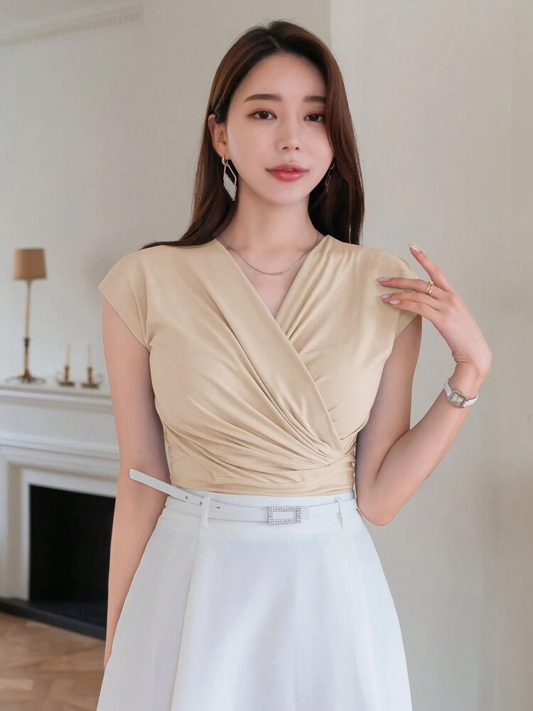 Women's Summer Solid Color Short Sleeve V-Neck Cross Pleated T-Shirt Going Out Tops Women