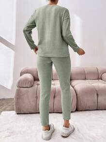 EURMUSE Women's Ribbed Long Sleeve T-shirt And Leggings Set - Green - View 2