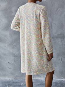 SHEIN Essnce Women Rainbow Long-Sleeved Mid-Length Cardigan Colorful Gradient Fluffy Knitted Cardigan Coat With Drawstring, Long Sleeve And Dual Pockets
