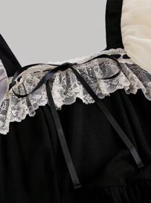 SHEIN MOD Đen Và Mai Cung Điện Phối Ren Vintage Nơ Tay Phồng Áo Dài, Buổi Hòa Nhạc, Bữa Tiệc Nửa Buổi, Đám Cưới/Cô Dâu Tắm - màu đen - Xem 3