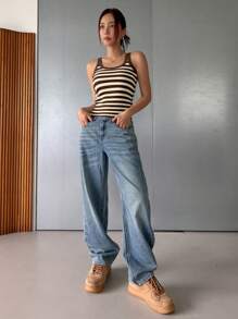 DAZY Casualowy dzianinowy top w paski z okrągłym dekoltem i nadrukiem na lato