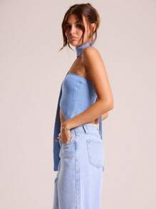 MUSERA Bandeau Style Top Asymmetric Hem With Thin Tie Neck Scarf Summer Pastel - Blue - View 5
