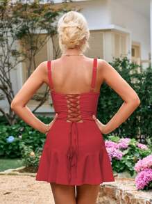 PARTHEA Backless Criss-Cross Tie Ruched Bodycon Dress Red Elegant Summer - Red - View 2
