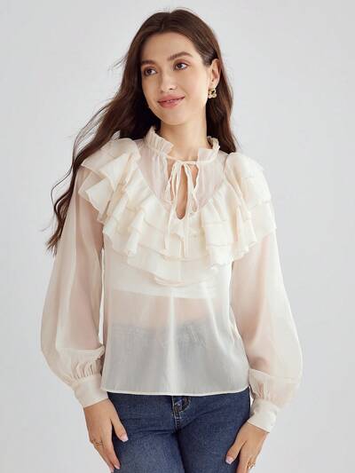 Women's Solid Color Lace Trimmed Long Sleeve Shirt With Tie Front