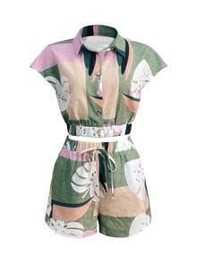2pcs/Set Vacation Casual Colorblock Botanical Print Top And Shorts Outfit - Multicolor - View 3