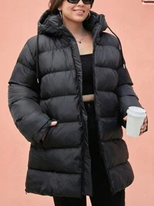 EURMUSE Plus Size Zip Up Drawstring Hooded Puffer Coat, For Winter - Black - View 4