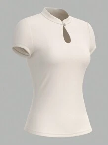 Vintamour 复古优雅女式T恤，春夏修身针织锁眼镂空小立领短袖上衣，浅杏色，休闲/通勤/度假返校服教师服衬衫秋装演唱会女装校服外出上衣上衣老款美学女士上衣修身T恤 - 杏色 - 查看 4