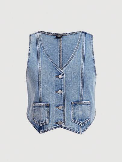 SHEIN MOD Plus Size Women's Solid Color Simple Daily Denim Sleeveless Top