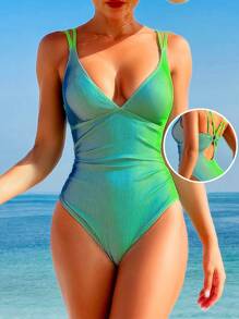 Women's Summer Beach Monokini With Hollow Out Design, Round Ring Back Detail And Solid Color