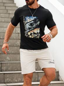 Manfinity Homme 男式棕櫚樹字母印花圓領短袖休閒T恤和短褲套裝，夏季 - 彩色 - 查看 4