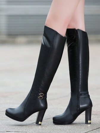 新款秋冬欧美过膝性感长靴，防水厚底厚跟侧拉链搭扣高筒骑马靴，女士派对靴