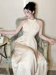 DAZY Women's Summer Solid Color Long Elegant Halter Dress, Birthday Prom Dress Sundress,Formal Women Dresses - Beige - View 4