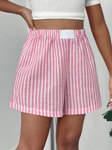 少女春夏日常休閒雙色編織條紋直筒短褲 - 粉色 - 查看 1