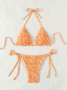 SHEIN Swim Set Bikini Seksi Dua Potong Motif Zebra Oranye Kuning untuk Pantai Musim Panas Wanita, Model Acak - Jeruk - View 3