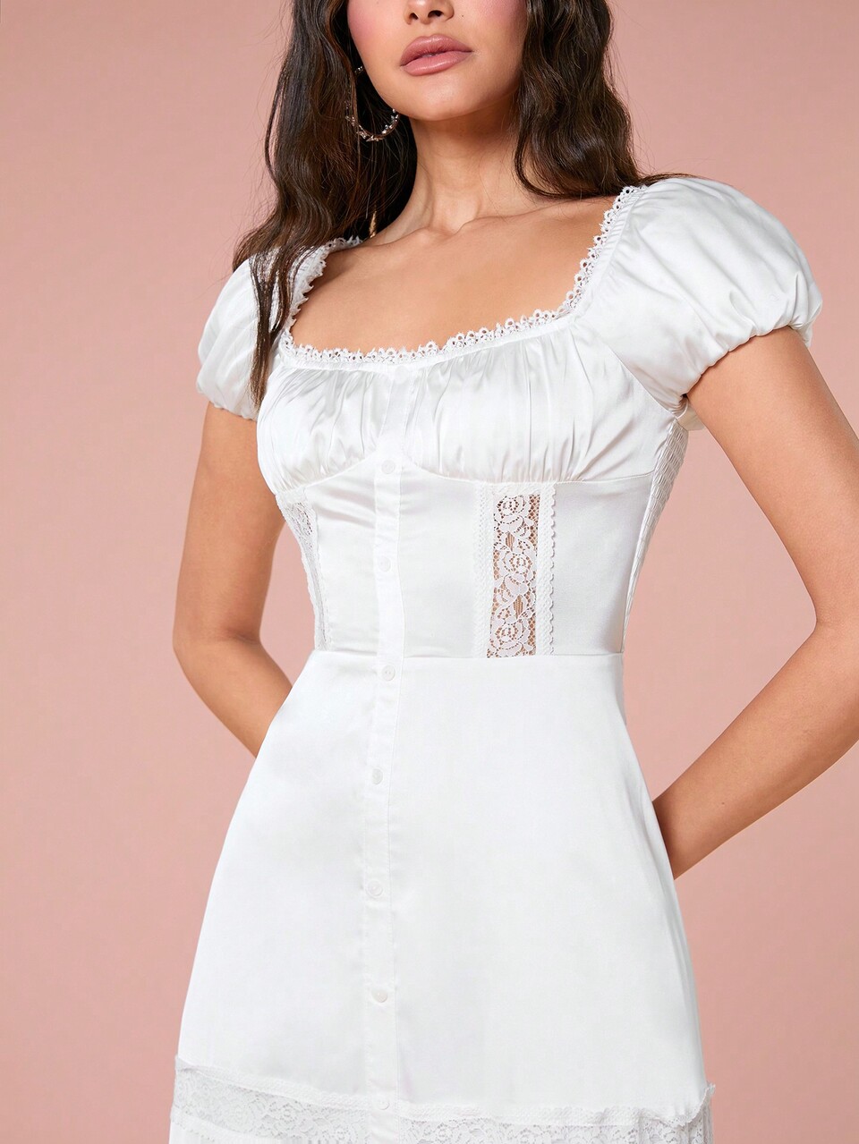 Women's Elegant Solid Color Lace Spliced Puff Sleeve Dress, Summer