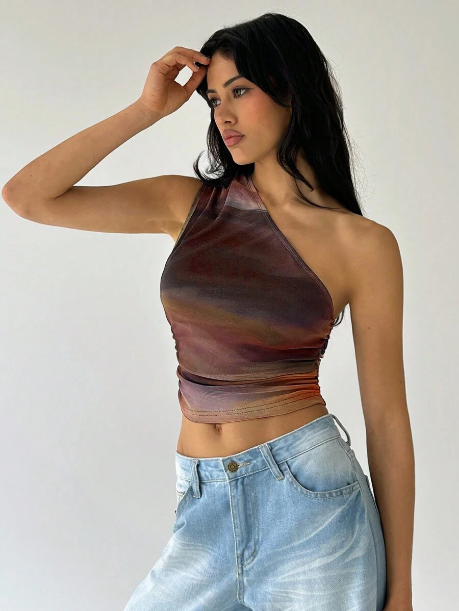 SHEIN EZwear 女款隨機印花簡約日常斜肩上衣 - 棕色 - 查看 1