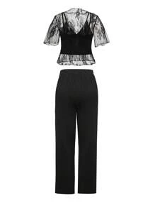 Chiquease Women's Summer Elegant Floral Mesh Short Sleeve Top And Long Pants Set - Black - View 2