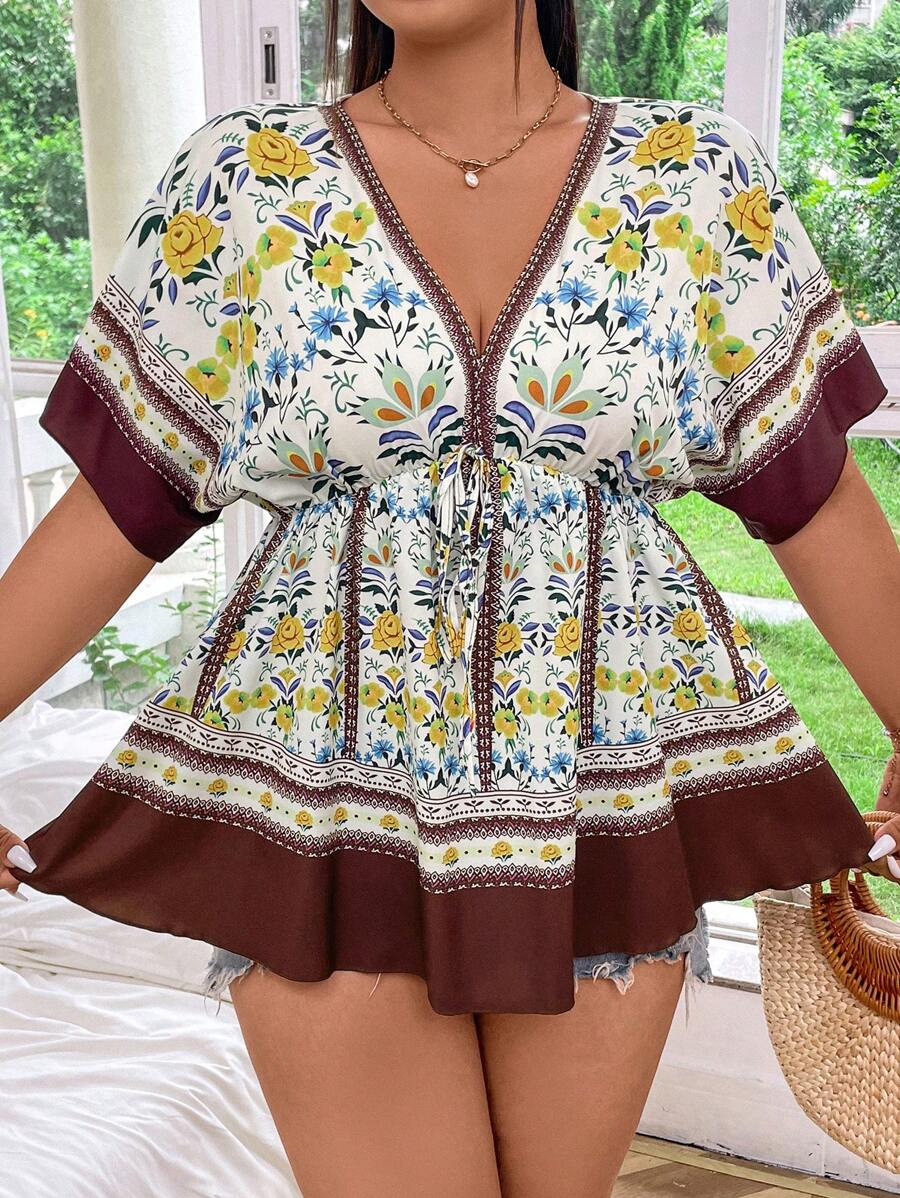 SHEIN Clasi Women's Plus Size Random Printed Short Sleeve Simple Daily Blouse - Multicolor - View 1